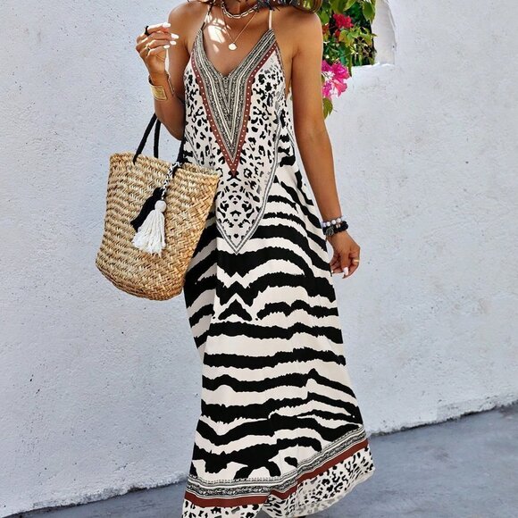 White Boho Womens Animal Print Backless Halter Neck Dress - Picture 1 of 5